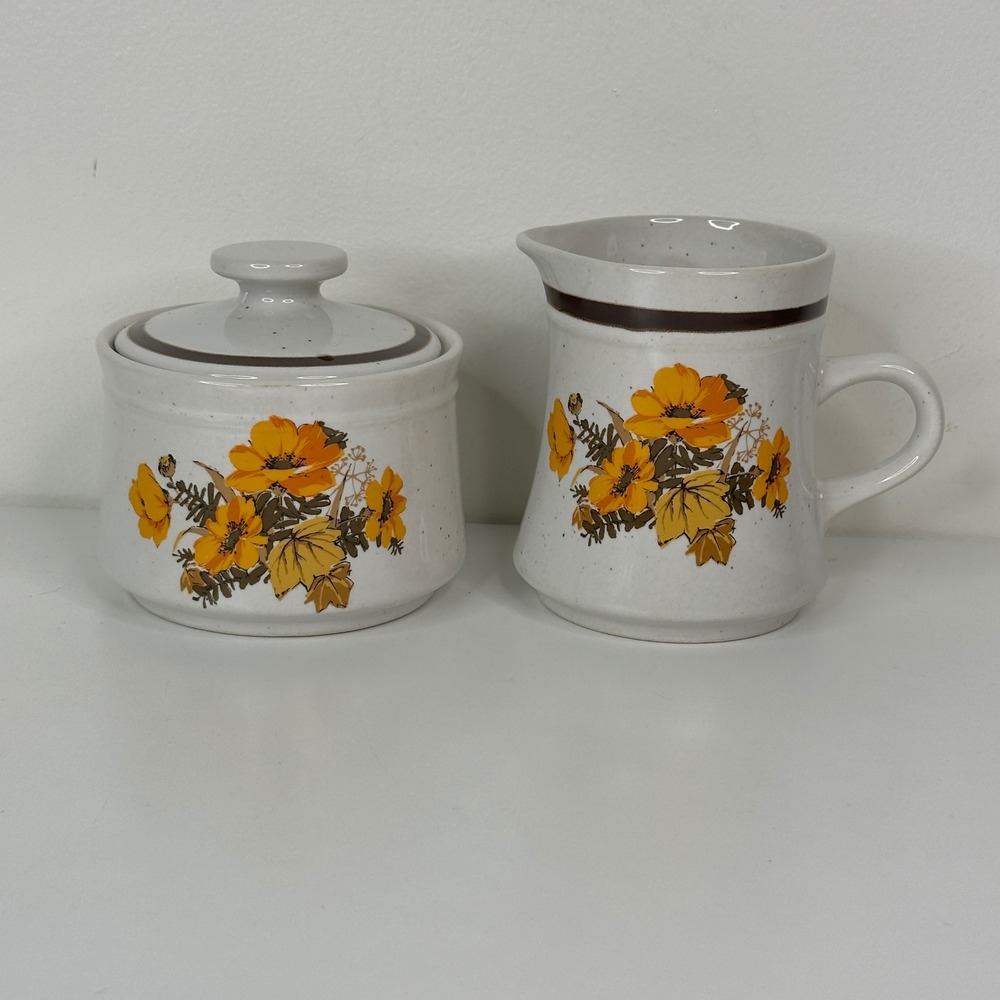 Vintage Stoneware Cream and Sugar Set Yellow Orange Floral Poppies Retro 70s